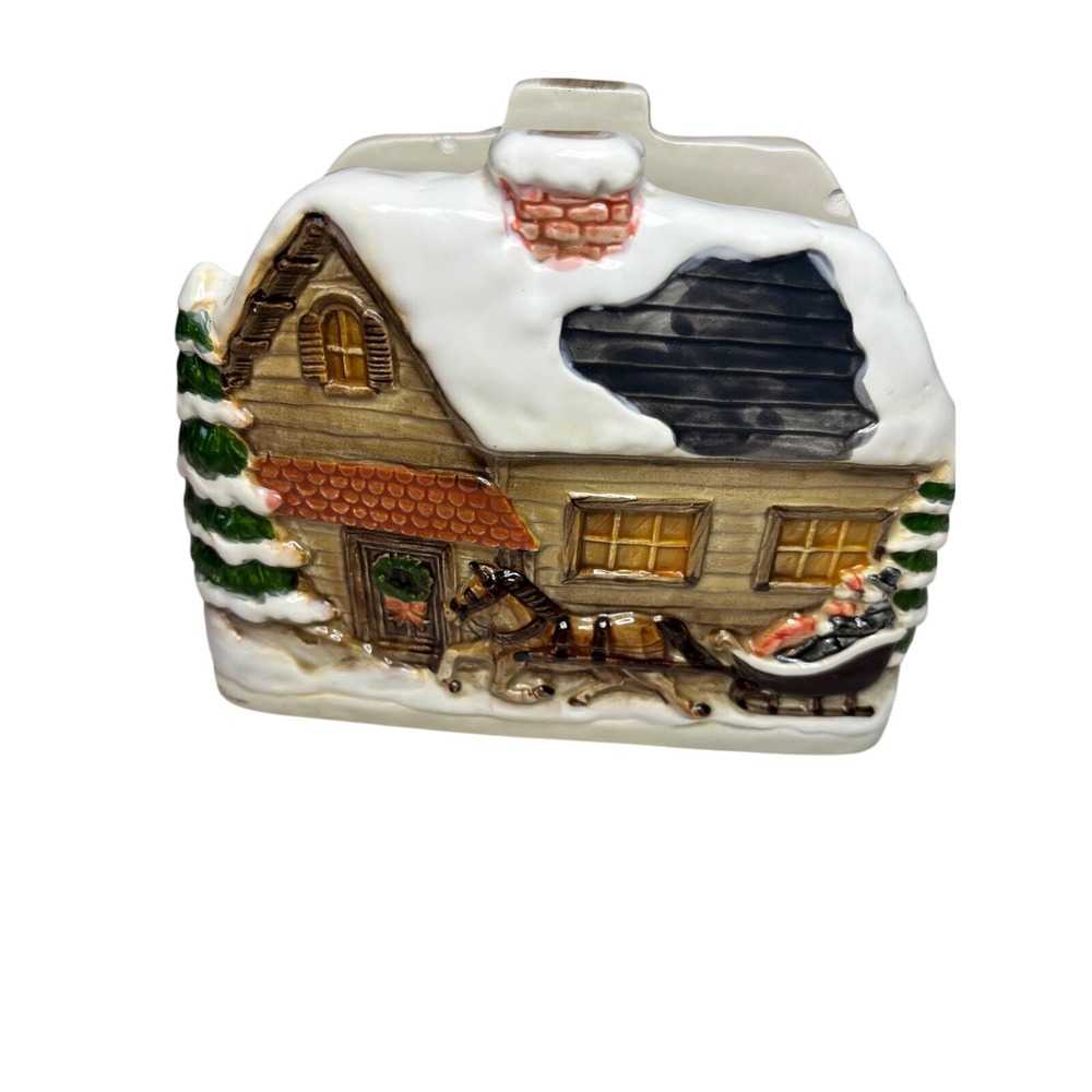 Otagiri Ceramic Napkin Holder Winter Cottage Horse Sleigh Japan Holiday 1980s